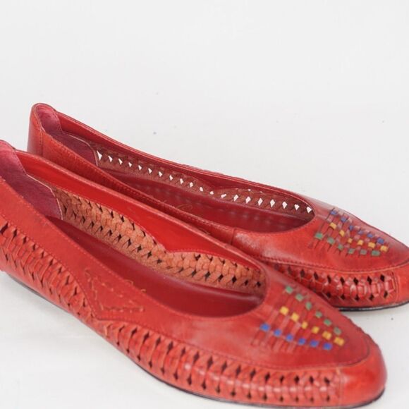 Vintage Leather Craft Susie 3 Woven Leather Almond Toe Flats in Red, Size 6 - Picture 8 of 10